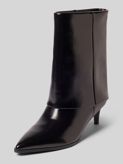 Produktfoto, Stiefeletten in Leder-Optik von BIANCO, schwarz, glatte Oberfläche, spitze Form, Pfennig-Absatz, glatte Sohle, Absatzhöhe 6 cm, Schafthöhe 21 cm, Schaftweite 16 cm