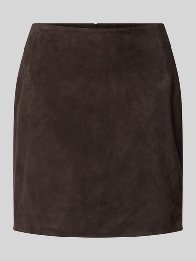 Productfoto, Minirok uit echt chevreau-suède met nauwsluitende pasvorm, minilengte en ritssluiting achter, Minirok uit echt leer van ROTATE, context: Dames minirok, totale lengte maat 36: 44 cm, bandwijdte maat 36: 34 cm, fixeerde onderrok