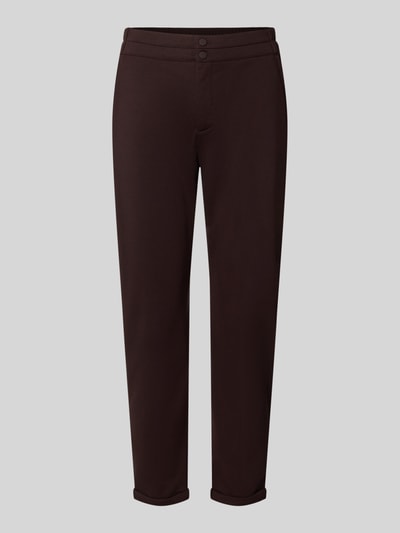 Produktfoto, Skinny Fit Stoffhose mit Viskose-Anteil Modell 'NANNI' von FREE/QUENT in Dunkelbraun mit Knopfverschluss, 7/8-Länge, glatte Oberfläche. Damen Stoffhose, elastischer Material-Mix, Eingrifftaschen, fixierte Beinabschlüsse, Bundweite 41 cm, Innenbeinlänge 68 cm.