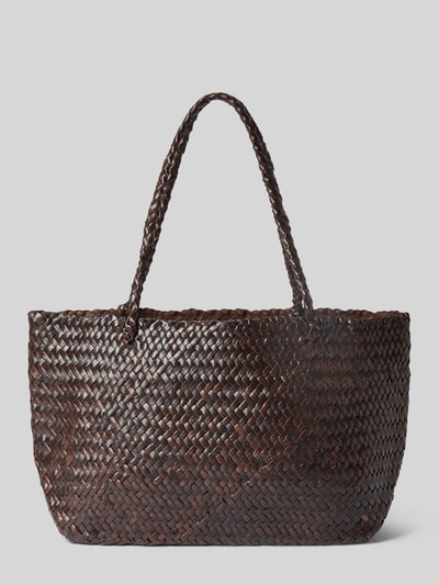 Produktfoto, Shopper aus Ziegenleder in Flecht-Optik Modell 'Bamba' von MANGO in Dunkelbraun, offenes Hauptfach, Tragehenkel, strukturierte Oberfläche, Maße 44 cm Breite, 24 cm Länge, 14 cm Tiefe, Schulterriemen 58 cm