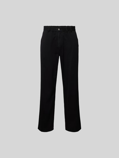 Produktfoto, Straight Fit Jeans mit elastischem Bund von Forét, schwarze Reine Baumwolle, Gesäßtaschen, Knopf-Reißverschluss, Bundweite 80 cm, Innenbeinlänge 37 cm, Größe M