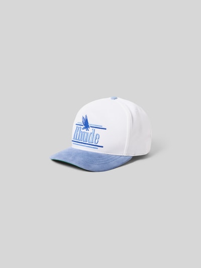 Produktfoto, Basecap aus reiner Baumwolle von RHUDE, weiß-blau, verstärkter Schirm, Label-Stitching, Steppnähte, verstellbarer Riegel auf der Rückseite