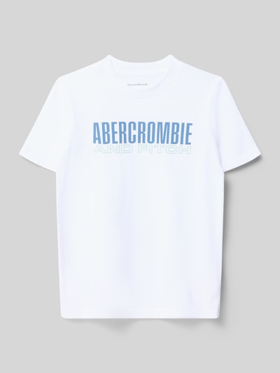 Produktfoto, weißes T-Shirt mit blauem Label-Print, Rundhalsausschnitt, Baumwoll-Mix, Regular Fit, Abercrombie&Fitch, Größe 134