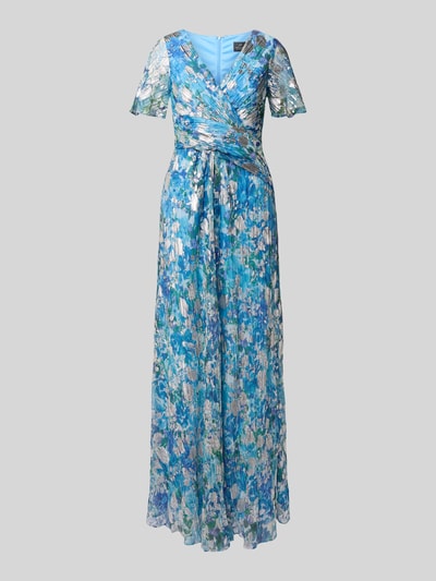 Produktfoto, Regular Fit Abendkleid mit floralem Allover-Print von Adrianna Papell in Blaugrün mit Plissee-Optik, V-Ausschnitt, kurzärmelig, tailliert, Reißverschluss, Rückenlänge 145 cm, Brustweite 46 cm, Ärmellänge 27 cm, fließende Textur, florales Muster.