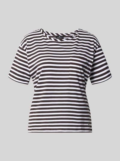 Produktfoto, T-Shirt im Allover-Look mit Rundhalsausschnitt von monari, Regular-Fit, Reine Baumwolle, schwarz-weiß gestreift, Rückenlänge 56 cm bei Größe 36.