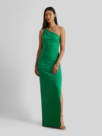 Frauenmodel trägt Abendkleid mit Ziersteinbesatz Modell 'BELINA' von Lauren Ralph Lauren in Grün, figurbetonter Schnitt, Ganzkörperansicht von vorne