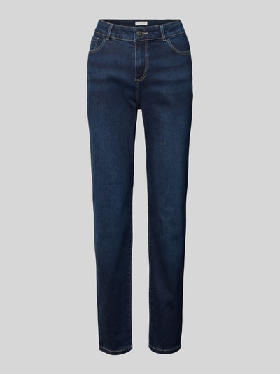 Produktfoto, Skinny Fit Jeans in 5-Pocket-Design von Christian Berg Woman, dunkelblauer Denim mit Kontrastnähte, Baumwollmischung mit Viskose-Anteil, Knopf- und Reißverschluss, Bundweite 39 cm, Innenbeinlänge 80 cm, Größe 36/32, strukturierte Textur.