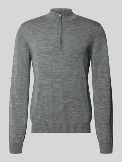 Produktfoto, Regular Fit Sweatshirt aus reiner Schurwolle mit Troyer-Kragen von MAERZ Muenchen, szary, gładka faktura, elastyczne wykończenia, krój regular fit, długość tyłu w rozmiarze 50: 69 cm, długość rękawa w rozmiarze 50: 68 cm