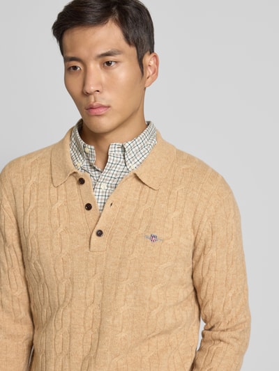 Gant Slim fit shirt met lange mouwen van zuivere wol, model 'Cable' Zand - 3