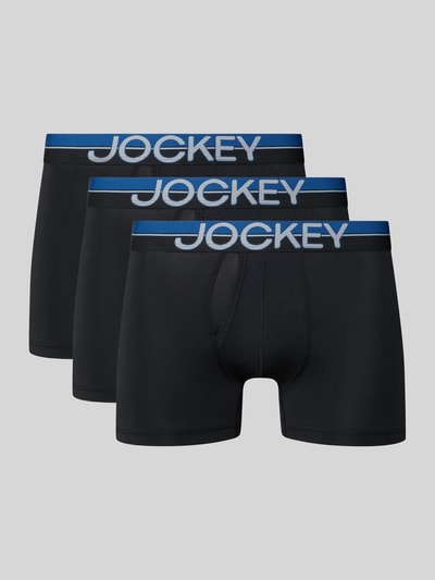 Produktfoto, Slim Fit Trunks mit Logo-Stitching im 3er-Pack von Jockey, schwarzer Elastischer-Material-Mix, blauer Elastischer-Logo-Bund