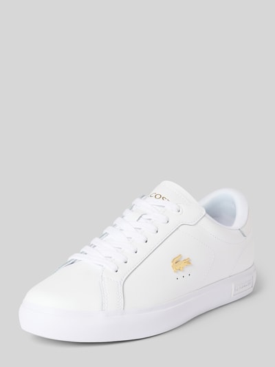 Produktfoto, Low Top Sneaker aus echtem Leder Modell 'POWERCOURT' von Lacoste, efekt: jednolity kolor, noski zaokrąglone, płaska podeszwa, aplikacja z logo, nadruk z logo, metalowe logo, wiązanie, profilowana podeszwa, wykończenie: skóra gładka, materiał: naturalna skóra