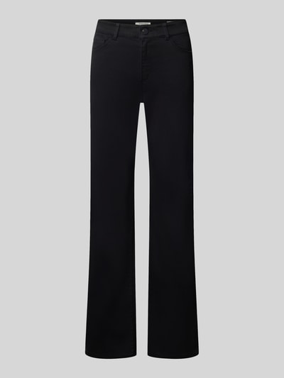 Produktfoto, Straight Fit Stoffhose im 5-Pocket-Design von Christian Berg Woman in Schwarz, Strasssteinbesatz, glatte Textur, neutraler Hintergrund, elastischer Baumwoll-Mix mit Viskose-Anteil