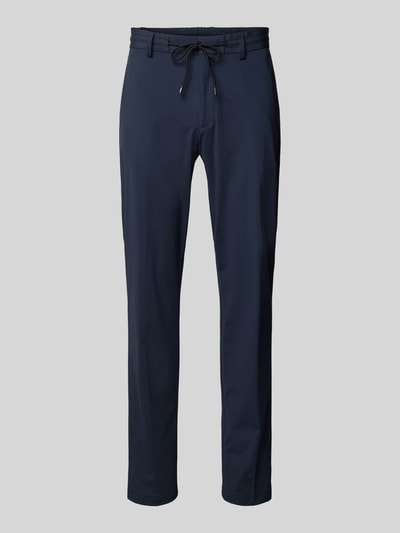 Produktfoto, Slim Fit Anzughose mit Tunnelzug Modell 'GENIUS' von BOSS, dunkelblau, Optik: Unifarben, Four-Way-Stretch Materialverarbeitung, seitliche Eingrifftaschen, elastischer Bund, Schiebehaken- und verdeckter Reißverschluss, Gesäßtaschen.