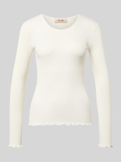 Produktfoto, Longsleeve mit Seiden-Anteil Modell 'Elaine' von MOS MOSH im Baumwoll-Seiden-Mix, körpernahe Passform, Rundhalsausschnitt, Muschelsaum, Rückenlänge 61 cm bei Größe S/M, helle Farbe, feine Rippstruktur