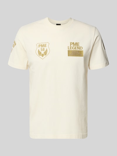 Produktfoto, T-Shirt mit Rundhalsausschnitt und Stitchings von PME Legend in Creme mit goldfarbenen Details, Baumwoll-Elasthan-Mix, Regular-Fit, Rückenlänge bei Größe M 67 cm.