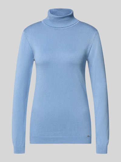 Produktfoto, Rollkragenpullover mit Label-Detail von MORE & MORE, Damen Strickpullover im Slim Fit aus Viskose-Mix in Hellblau, glatte Textur