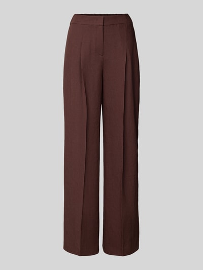 Produktfoto, Relaxed Fit Hose aus Leinen-Mix von BOSS, Optik: Unifarben, Passform: Relaxed-Fit, Bügelfalten, Haken-Reißverschluss, Bundabschluss: Elastisch, seitliche Eingrifftaschen, Paspeltaschen hinten, Material: Leinen-Viskose-Mix, in dunklem Braun, glatte Textur, gerade weite Form.