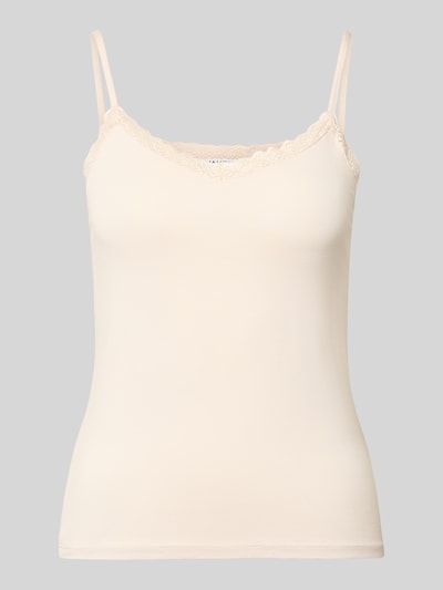 Produktfoto, Spitzentop mit Spaghettiträgern von Jake*s Casual in Creme, Material-Mix mit Stretch-Anteil, Spitze, körpernaher Schnitt, Rundhalsausschnitt.