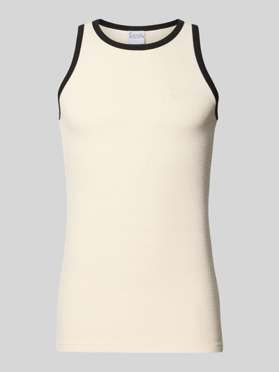Produktfoto, Slim Fit Top mit Rundhalsausschnitt von KARL KANI aus Reine Baumwolle mit Logo-Stitching, Strukturmuster und dunklem Rand, Rückenlänge bei Größe M: 69 cm.