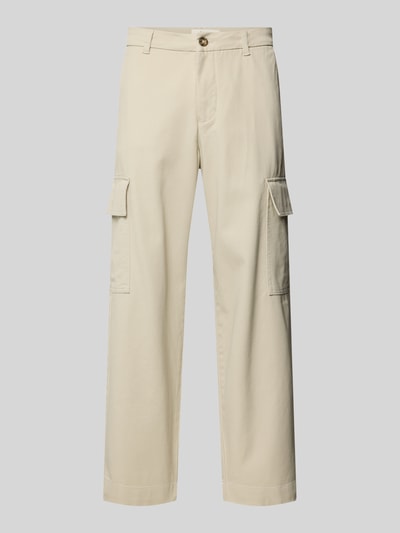 Produktfoto, kremowa Loose Fit Cargohose aus Bio-Baumwoll-Mix Modell '220-LOOSE MILES COMFORT' od SELECTED HOMME, fason loose fit, średni stan, jednolity kolor, boczne i tylne kieszenie, materiał z mieszanki bawełny organicznej