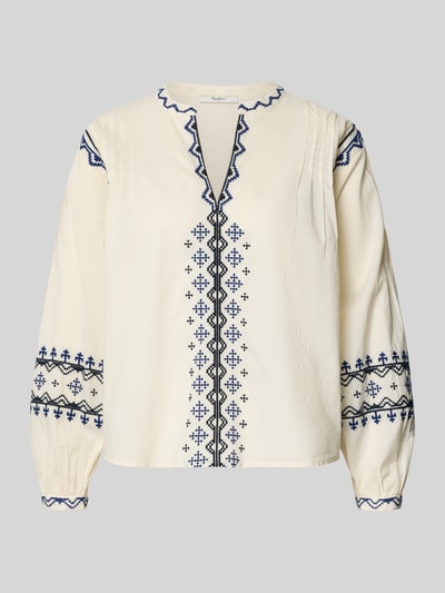 Produktfoto, Cropped Tunika aus reiner Baumwolle Modell 'BERNIS' von Pepe Jeans, cremefarben mit blauer Stickerei, Ballonärmel, Regular Fit