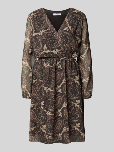 Produktfoto, Knielanges Kleid mit V-Ausschnitt Modell 'Th44ea' von ZABAIONE, A-Linie, Chiffon, Allover-Paisleymuster, braune und grüne Töne
