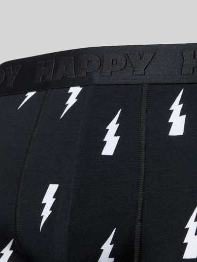 Produktfoto, Obcisłe bokserki z bawełnianej mieszanki w czerni z białym wzorem, elastyczny pasek z logo, Trunks aus Baumwoll-Mix im 3er-Pack von Happy Socks, mieszanka bawełny i elastanu, krój przylegający, zestaw 3 szt., elastyczny pasek z logo