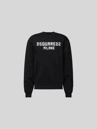 Produktfoto, schwarzes Cool Fit Sweatshirt aus reiner Baumwolle von Dsquared2 mit weißem Label-Print, elastische Abschlüsse, Stehkragen.