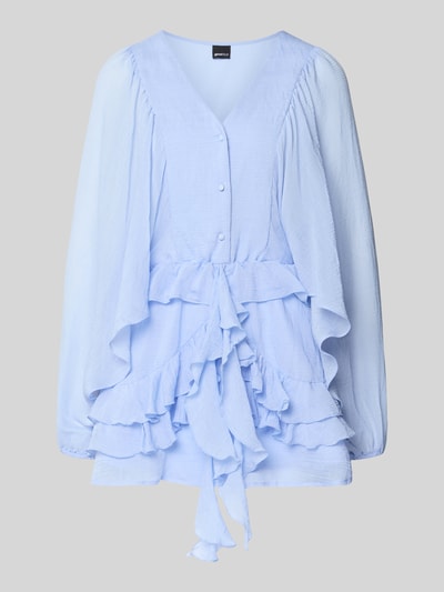 Produktfoto, Minikleid mit Rüschenbesatz von Gina Tricot in Hellblau, taillierte Passform, V-Ausschnitt, Knopfleiste, lange Ärmel, leichte Struktur