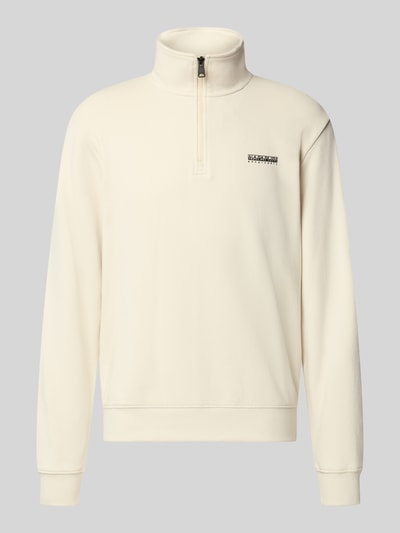 Produktfoto, Relaxed Fit Sweatshirt aus elastischem Baumwoll-Mix von Napapijri in Creme mit Label-Detail, Troyer-Kragen und elastischen Abschlüssen.