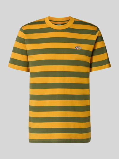 Produktfoto, T-Shirt met label-stitching model 'RIVERGROVE' van Dickies, regular fit, ronde hals, zuivere katoen, ruglengte maat M 71 cm, geel-groen gestreept