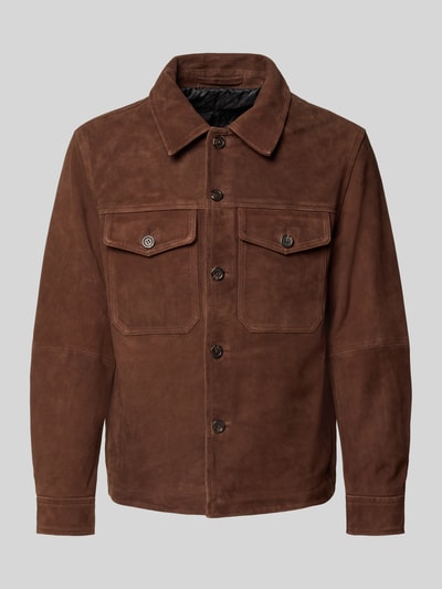 Produktfoto, Regular Fit Lederjacke aus echtem Ziegenvelours Modell 'THOM' von Selected Homme, Optik: Unifarben, Knopfleiste, Umlegekragen, Velours-Textur, braun