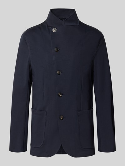 Produktfoto, dunkelblaue Regular Fit Jacke aus Modal-Baumwoll-Mix mit Woll-Anteil von Emporio Armani, Stehkragen, aufgesetzte Taschen, asymmetrische Knopfleiste, Schulterbreite 49 cm, Ärmellänge 64 cm, Rückenlänge 74 cm