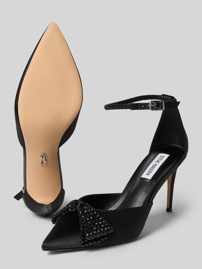 Produktfoto, Brautschuhe mit Strasssteinen Modell 'Last Dance' von Steve Madden in Schwarz mit spitzer Form, Zierschleife, 9 cm Pfennigabsatz, dünner Riemen und Dornschließe, elegante Textur