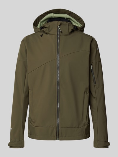 Produktfoto, Regular Fit kurtka z kapturem model 'BARMSTEDT' od Icepeak, stójka, kieszeń na rękawie z zamkiem błyskawicznym, wpuszczane kieszenie, zamek błyskawiczny, nadruk z logo, długość tyłu w rozmiarze 50: 78 cm, szerokość ramion w rozmiarze 50: 43 cm, szerokość klatki piersiowej w rozmiarze 50: 54 cm, długość rękawów w rozmiarze 50: 71 cm, kolor oliwkowozielony, matowa tekstura.