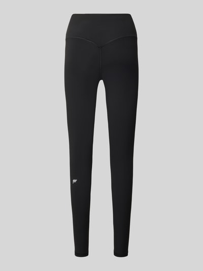 Produktfoto, schwarze Slim Fit Leggings mit Logo-Print von Fabletics, elastischer Bund, knöchellang, glatte Stretch-Textur, Vorderansicht.
