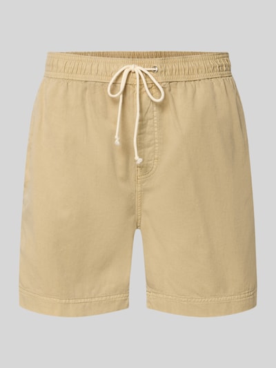 Produktfoto, Regular Fit Shorts mit elastischem Bund Modell 'SUNFADED' von Gant aus Reine Baumwolle in Beige, Tunnelzug, strukturierte Oberfläche, Bundweite bei Größe M 43 cm, Innenbeinlänge 15 cm.
