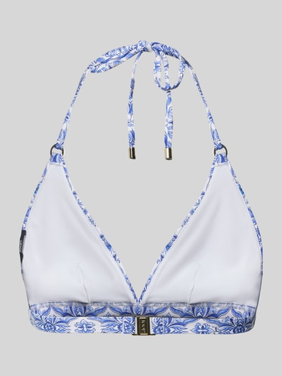 Produktfoto, Bikini-Oberteil im Triangel-Form Modell 'MURI BEACH' von JOOP! Collection in Weiß mit blauem Muster, glatte Textur, Stretch-Material, körpernahe Passform.
