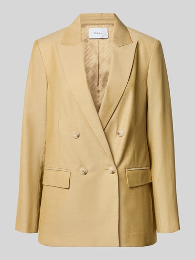 Produktfoto, Blazer mit Leinen-Anteil und Pattentaschen von Comma in Beige, Material-Mix, Straight Fit, Reverskragen, Doppelknopfleiste, glatte Struktur, Rückenlänge 69 cm, Brustweite 41 cm, Ärmellänge 62 cm, Größe 36.