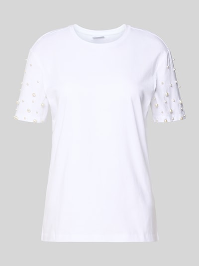 Produktfoto, T-Shirt mit Rundhalsausschnitt und Perlen von Jake*s Casual, bawełna, krój regular fit, perły, długość pleców 53 cm w rozmiarze S, kolor biały