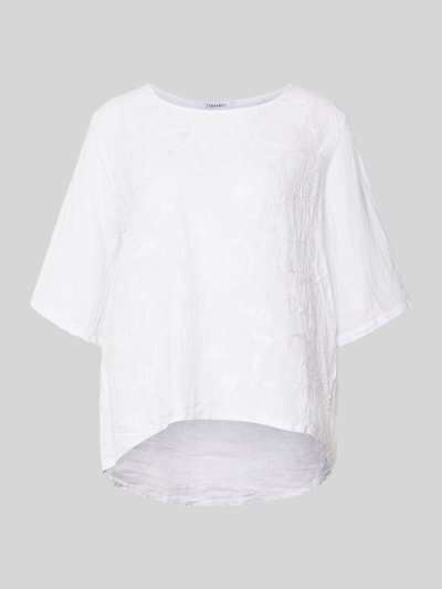 Produktfoto, weiße Regular-Fit Damen Leinenbluse mit Stitchings, Rundhalsausschnitt, Modell 'Zu44zzi' von ZABAIONE, reine Leinen-Textur