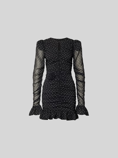Produktfoto, Slim Fit Minikleid mit Raffungen von ROTATE, schwarz mit weißen Punkten, Rüschenbesatz, Rundhals, langärmelig, Textur semitransparent, Schlüssellochausschnitt, Gesamtlänge 82 cm, Brustweite 39 cm, Ärmellänge 77 cm