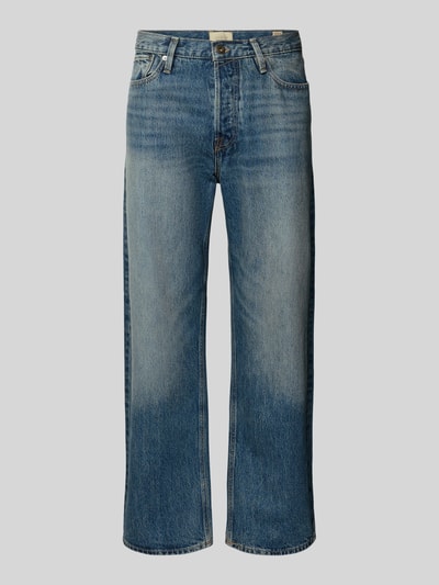 Produktfoto, Loose Straight Fit Jeans Modell 'TED' von JACK & JONES aus reiner Baumwolle im Used-Look, blaue Waschung, sichtbare Eingrifftaschen, Kontext: Herren Jeans, Bundweite 44 cm, Innenbeinlänge 75 cm.