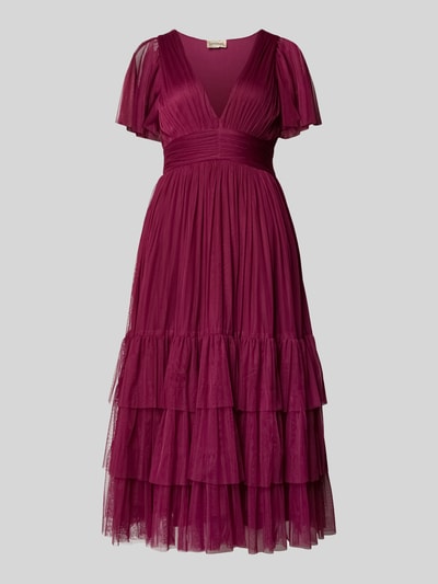 Productfoto, Cocktailkleid mit tiefem V-Ausschnitt van LACE & BEADS in donkerpaars, a-lijn, midi, gelaagde rok, tailleband, fijne stof