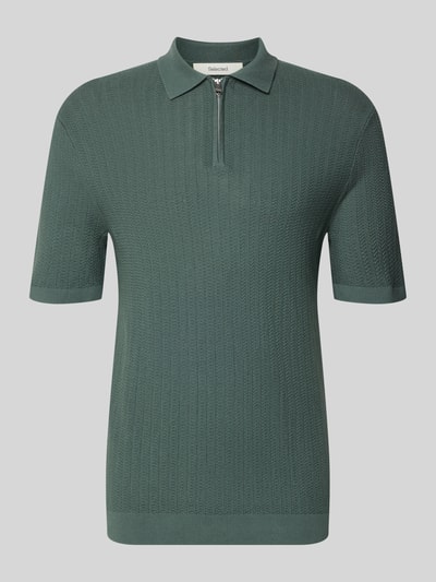 Produktfoto, Regular Fit Poloshirt aus reiner Baumwolle Modell 'CRAN' von SELECTED HOMME, zielona dzianinowa struktura, krótki rękaw, kołnierzyk polo, suwak, prążkowane wykończenia