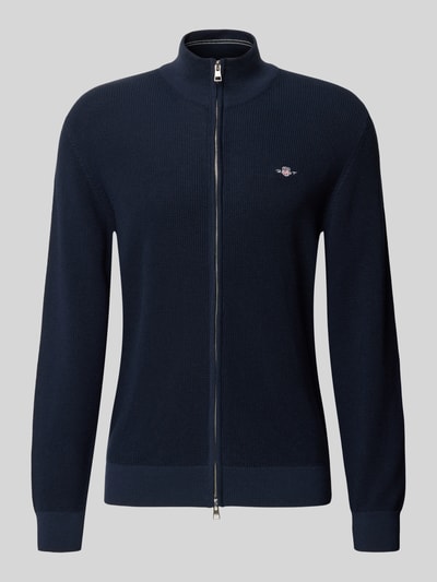 Produktfoto, Cardigan mit Zweiwege-Reißverschluss und Label-Stitching von Gant aus reiner Baumwolle in Dunkelblau, Slim-Fit, Stehkragen