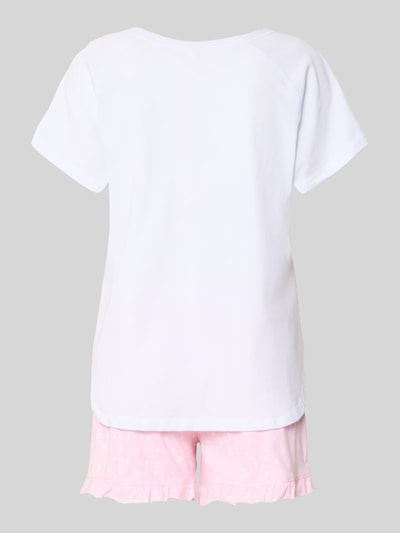 Frauenmodel trägt Pyjama-Oberteil mit Rundhalsausschnitt Modell 'Lieblingshase' von LOUIS & LOUISA in Weiß, Reine Baumwolle, Regular-Fit, Motiv, Ganzkörperansicht Rückansicht.