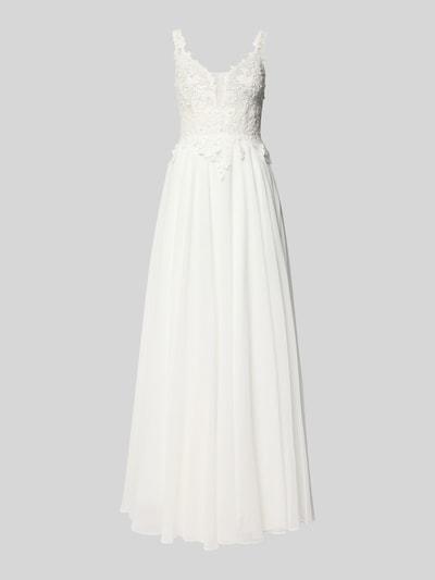 Produktfoto, weißes Abendkleid mit Spitzenbesatz und V-Ausschnitt von Luxuar, A-Linie aus Chiffon, Maxilänge, elegante Optik