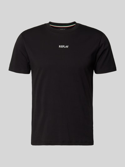 Produktfoto, Regular Fit T-Shirt mit Logo-Print von Replay, czarna bawełna, krój regular fit, okrągły dekolt, długość pleców w rozmiarze M: 68 cm