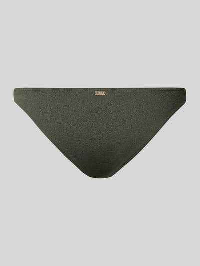 Produktfoto, dunkelgrüner Bikini-Slip mit Label-Detail Modell 'ALERIA' von Banana Moon, Damen, Material-Mix mit Stretch-Anteil, Körpernaher-Schnitt